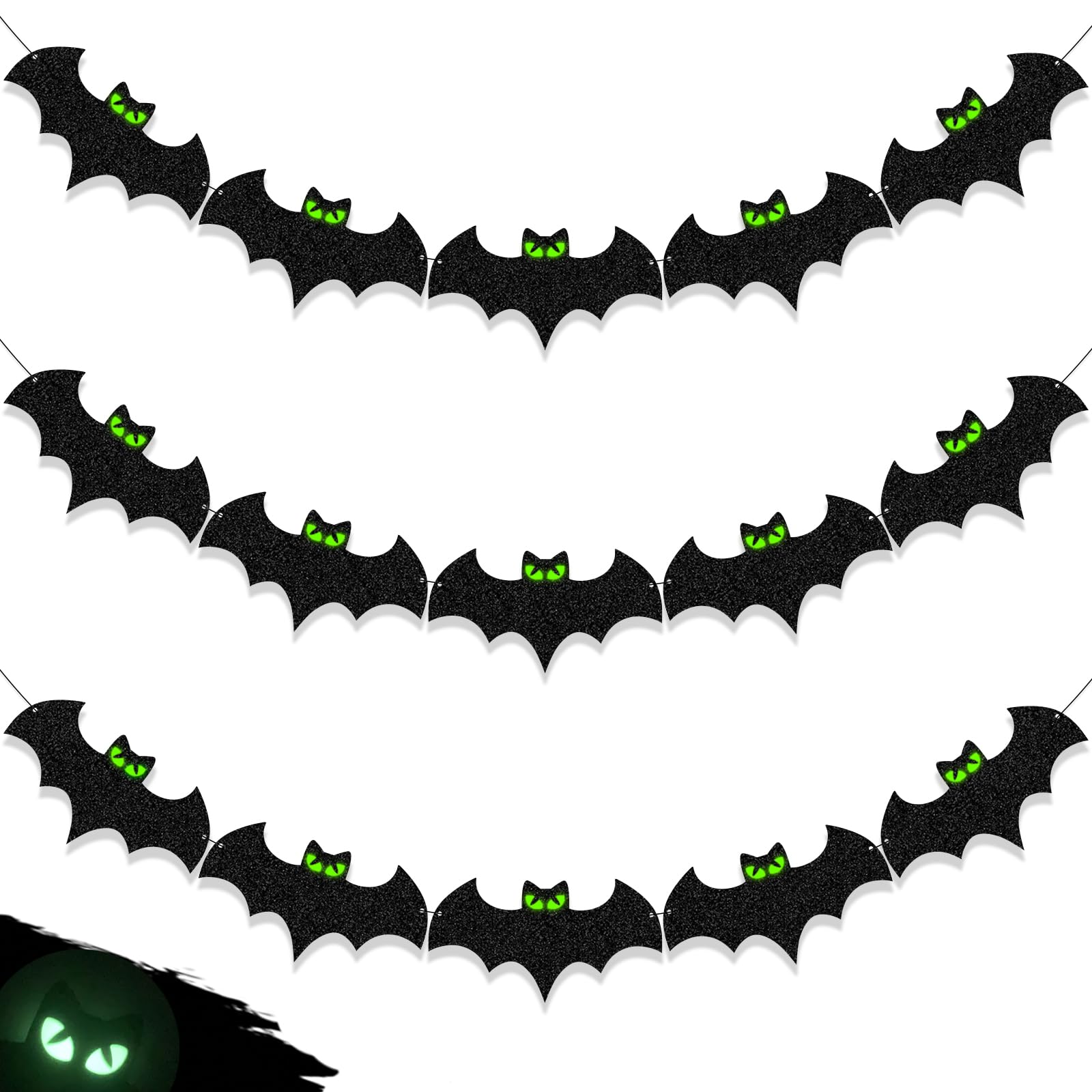 Tinbax Halloween decorations - Glow Eyes Bats Banner for Halloween Bats Decor (Pre-Strung)