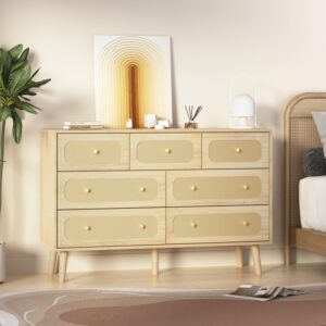 hourom natural rattan dresser for bedroom, boho wood durable dressers & chests of drawers with gold handles, modern wood 7 drawer dresser for bedroom