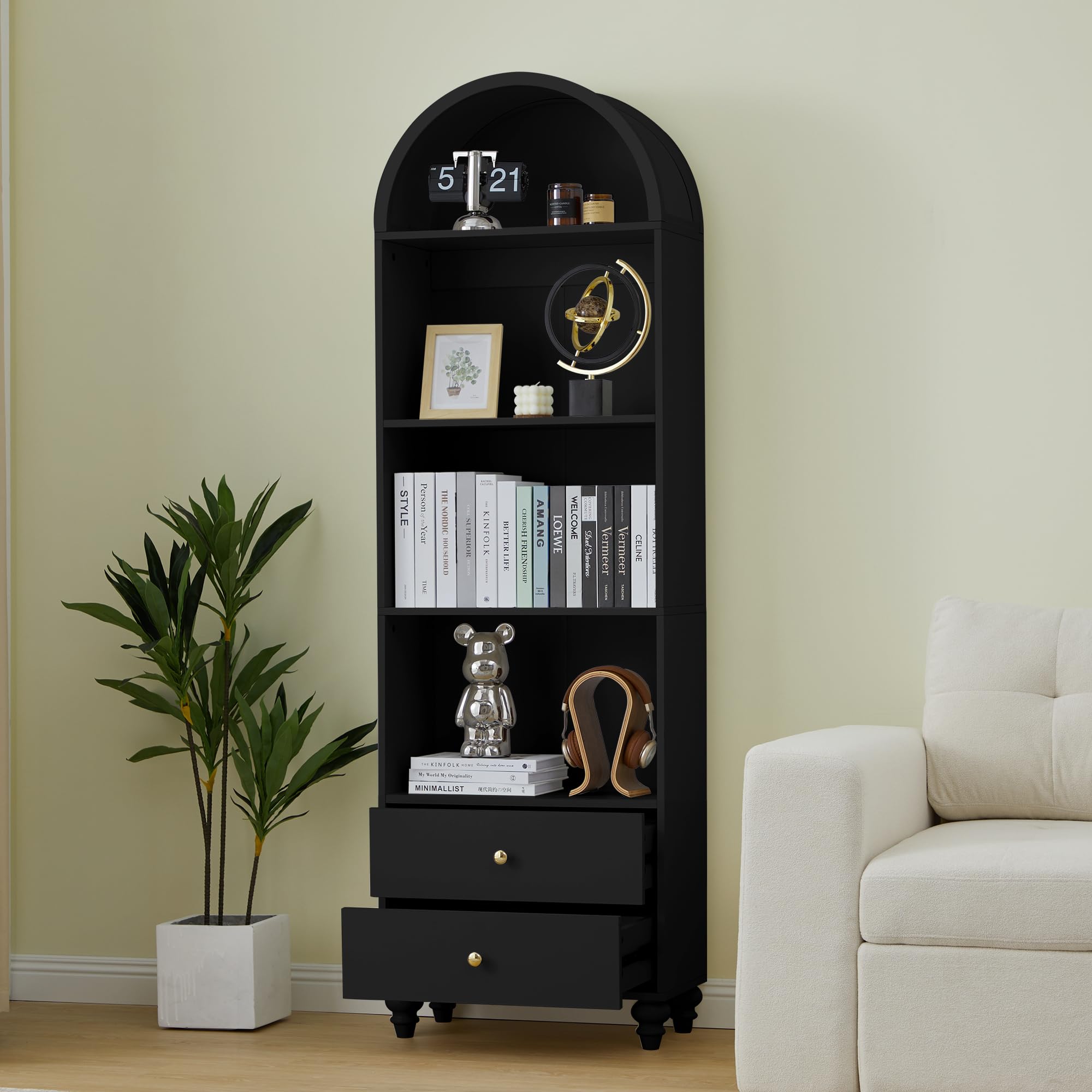 UHMUVFM 75.6" H Arched Bookcase, 4-Tier Arched Cabinet Bookcase with Drawer and Shelves, Accent Display Cabinet with 2 Drawer Storage for Living Room, Reading Room and Bedroom (Black-1)