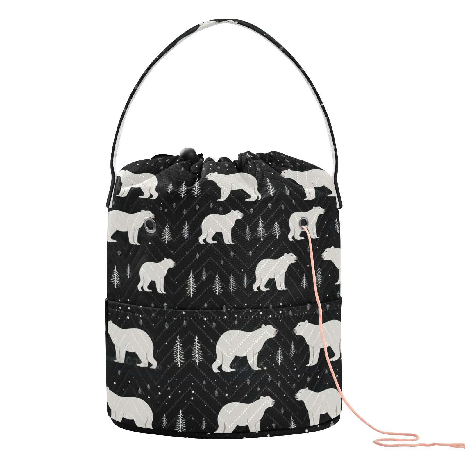 Joko Ivery Polar Bear Black Crochet Bag Organizer for Crocheting Knitting Bag Yarn Storage Organizer with Front Compartments Crochet Tote for Knitting Needles Gifts Crochet Accessories Hooks