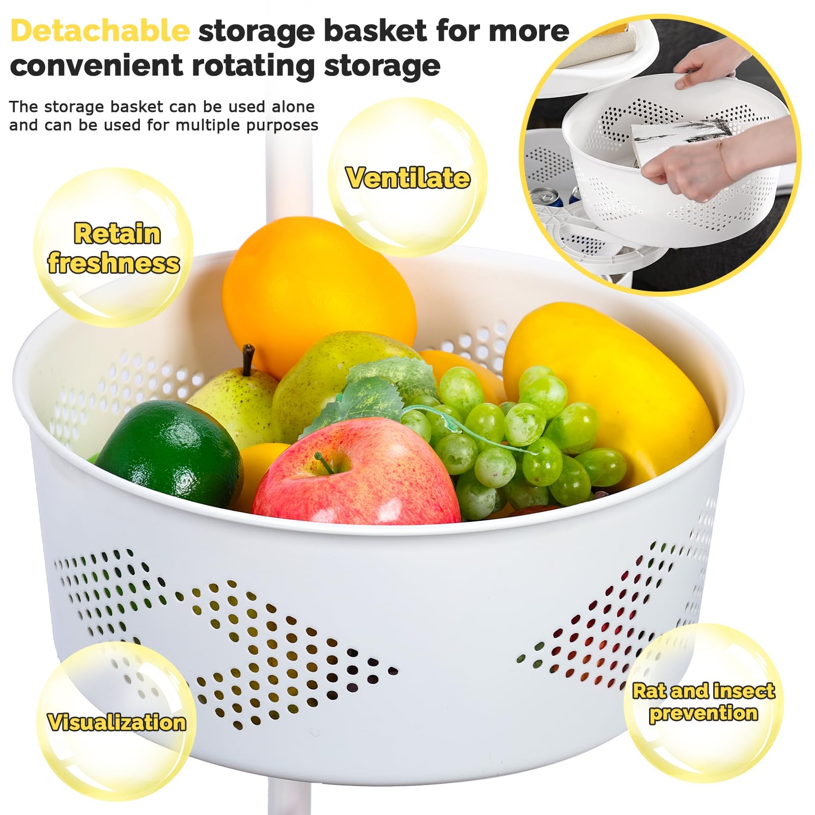 yoakaiax Rotating Trolley Rotating Storage Rack for Kitchen, 3/4 Tier Fruit and Vegetable Storage for Kitchen Rotating Storage Rack with Wheels, Kitchen Storage Cart Space Saver Potatoes Storage Frui