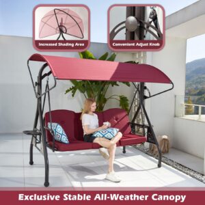 ZZW Patio Swing with Canopy 800LBS Ultra Load Outdoor Swing with Cup Holder 3-Seat Porch Swing for Adults Heavy Duty Patio Swing Bed for Patio, Backyard and Poolside, Wine Red