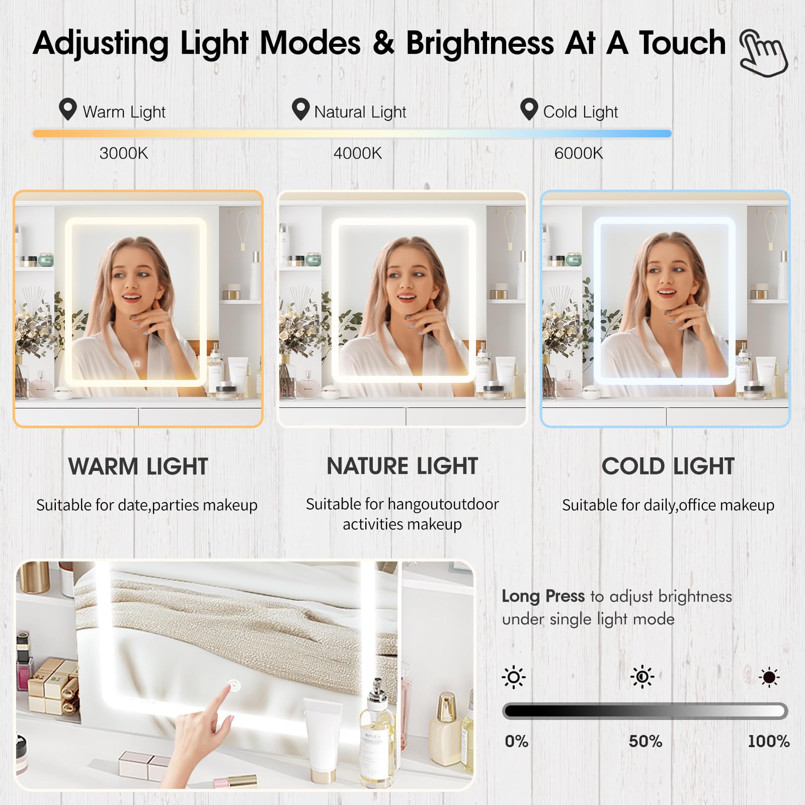 Makeup Vanity with LED Lighted Sliding Mirror, White Vanity Desk with 5 Drawers, Charging Station & Hidden Storage Shelves, Adjustable Brightness, Dressing Table Stool Set for Bedroom