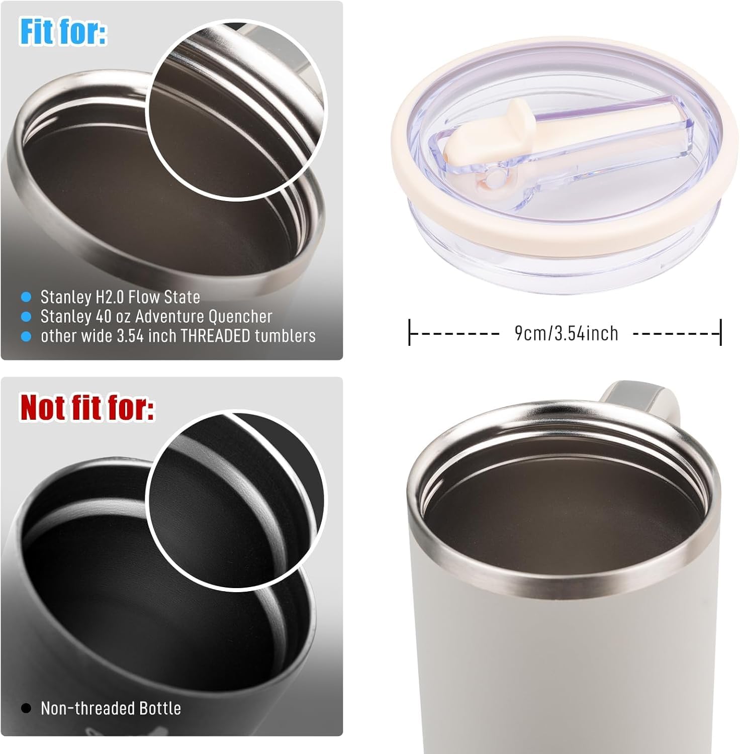 2 PCS 40 OZ Tumbler Flip Straw Lid Replacement Fit for Stanley Quencher Tumbler, New Spill Proof and Leak Resistant Tumbler Lids Compatible with Stanley Cup Accessories (White)