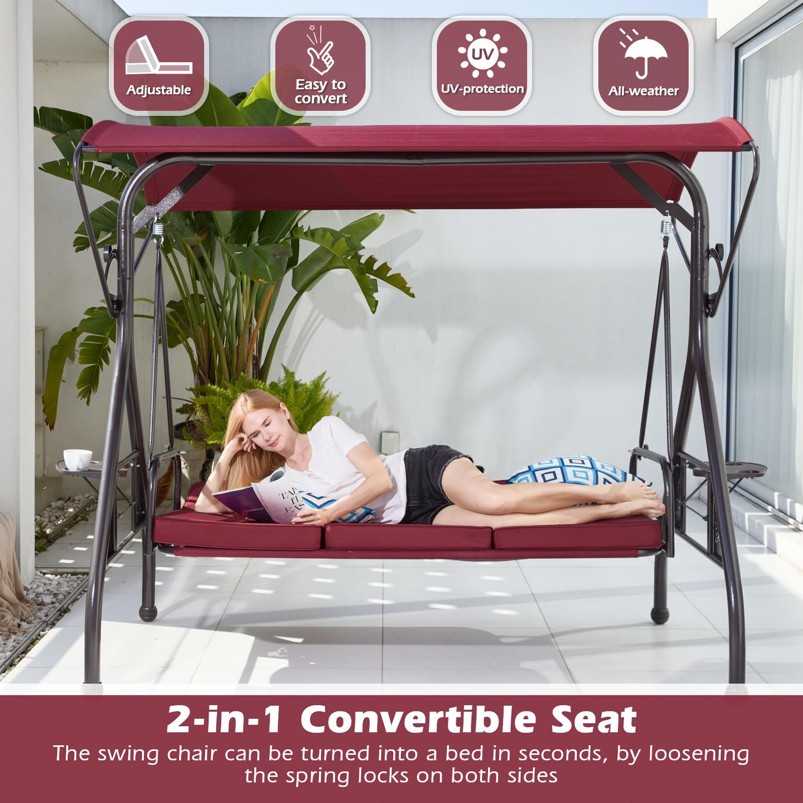 ZZW Patio Swing with Canopy 800LBS Ultra Load Outdoor Swing with Cup Holder 3-Seat Porch Swing for Adults Heavy Duty Patio Swing Bed for Patio, Backyard and Poolside, Wine Red