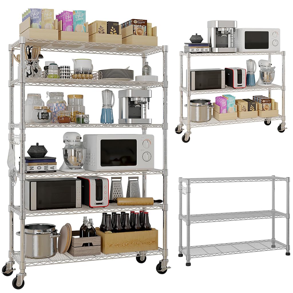 AMZOSS Storage Shelves 17.7" D × 46" W × 82" H Solid Steel Wire Shelving Storage Unit 6 Tier Adjustable Shelves Organizer Rack for Restaurant Garage Pantry Kitchen Garage,Silver