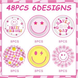 48PCS Preppy Party Supplies 7inch Pink Smile Face Paper Plates Preppy Smile Face Party Tableware Set Pink Preppy Plates for Baby Shower Birthday Y2k Party Decorations