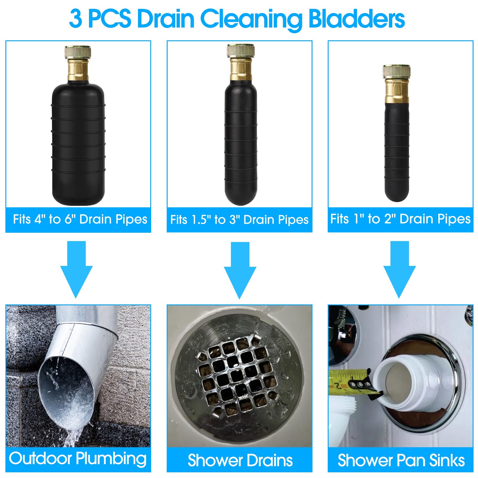 Drain Bladder Unclogs Main Drain&Sewer Line,Water-Powered Drain Cleaning Bladder Fits 1 to 6 Inch Drain Pipe Unclogs Stubborn Blockages for Bathroom Sink,Swimming Pool Drain,Basement,Bathtub,Shower