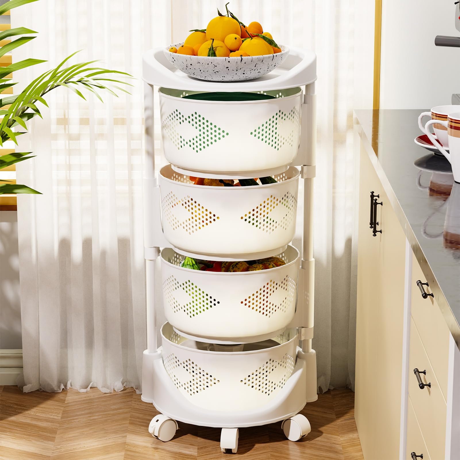 yoakaiax Rotating Trolley Rotating Storage Rack for Kitchen, 3/4 Tier Fruit and Vegetable Storage for Kitchen Rotating Storage Rack with Wheels, Kitchen Storage Cart Space Saver Potatoes Storage Frui