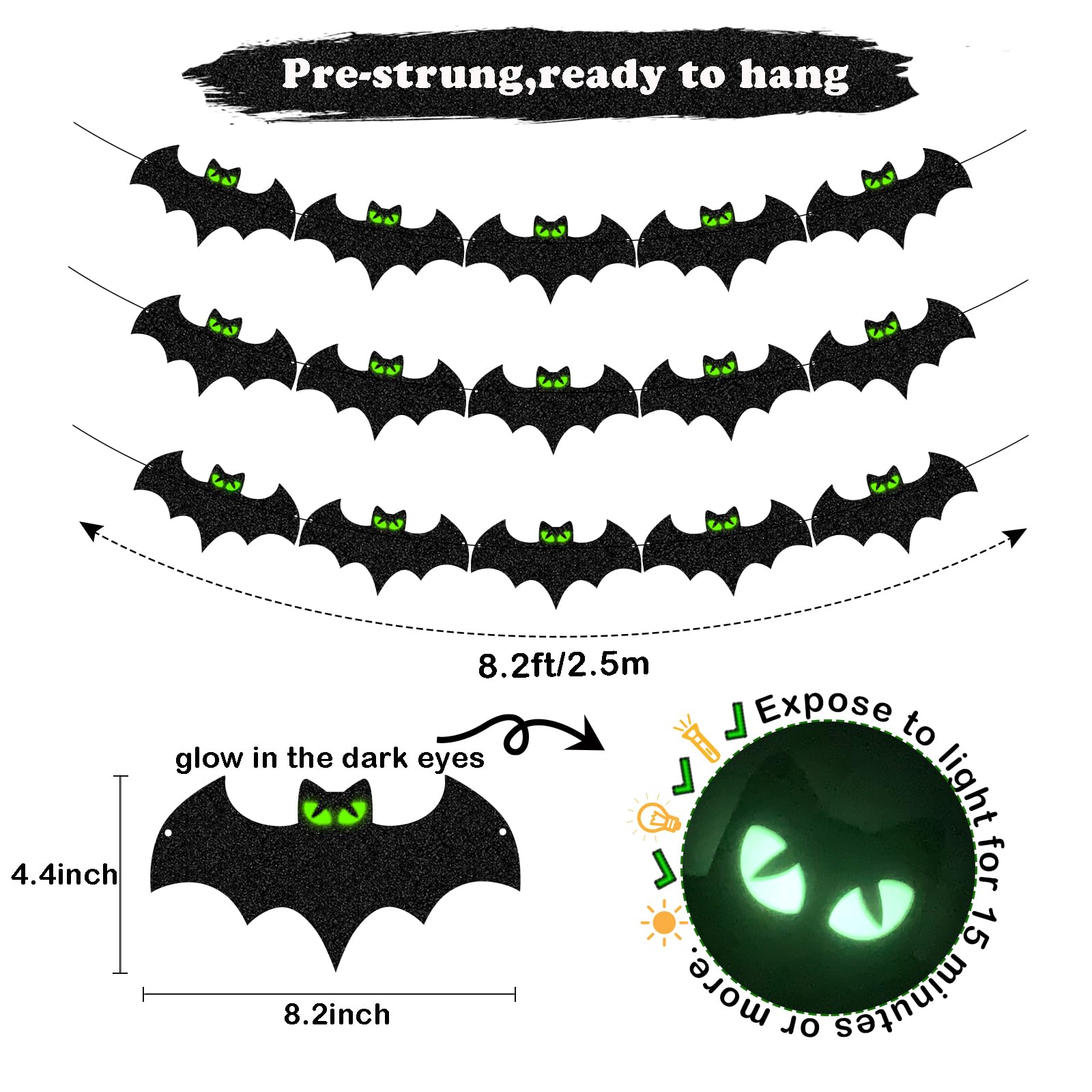 Tinbax Halloween decorations - Glow Eyes Bats Banner for Halloween Bats Decor (Pre-Strung)