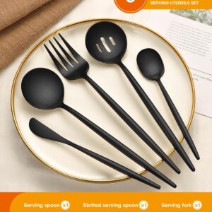 EUIRIO 5PCS Large Serving Utensils Set, Matte Black Hostess Flatware Serving Utensils, Heavy Duty Stainless Steel Serving Spoon, Slotted Spoon, Serving Fork, Sugar Spoon&Butter Knife, Dishwasher Safe