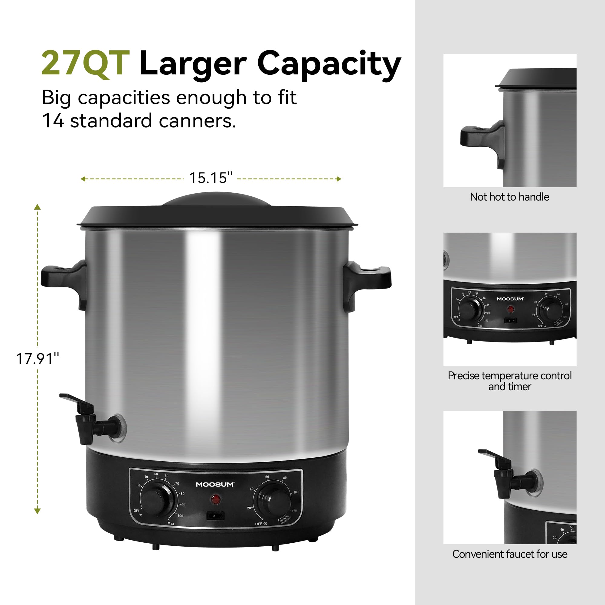 MOOSUM 27 QT Electric Automatic Water Bath Canner With Rack and Lid, Temperature Control 86-212 °F, Timer 20-120 Min, Keep Warm Function, Overheating Protection