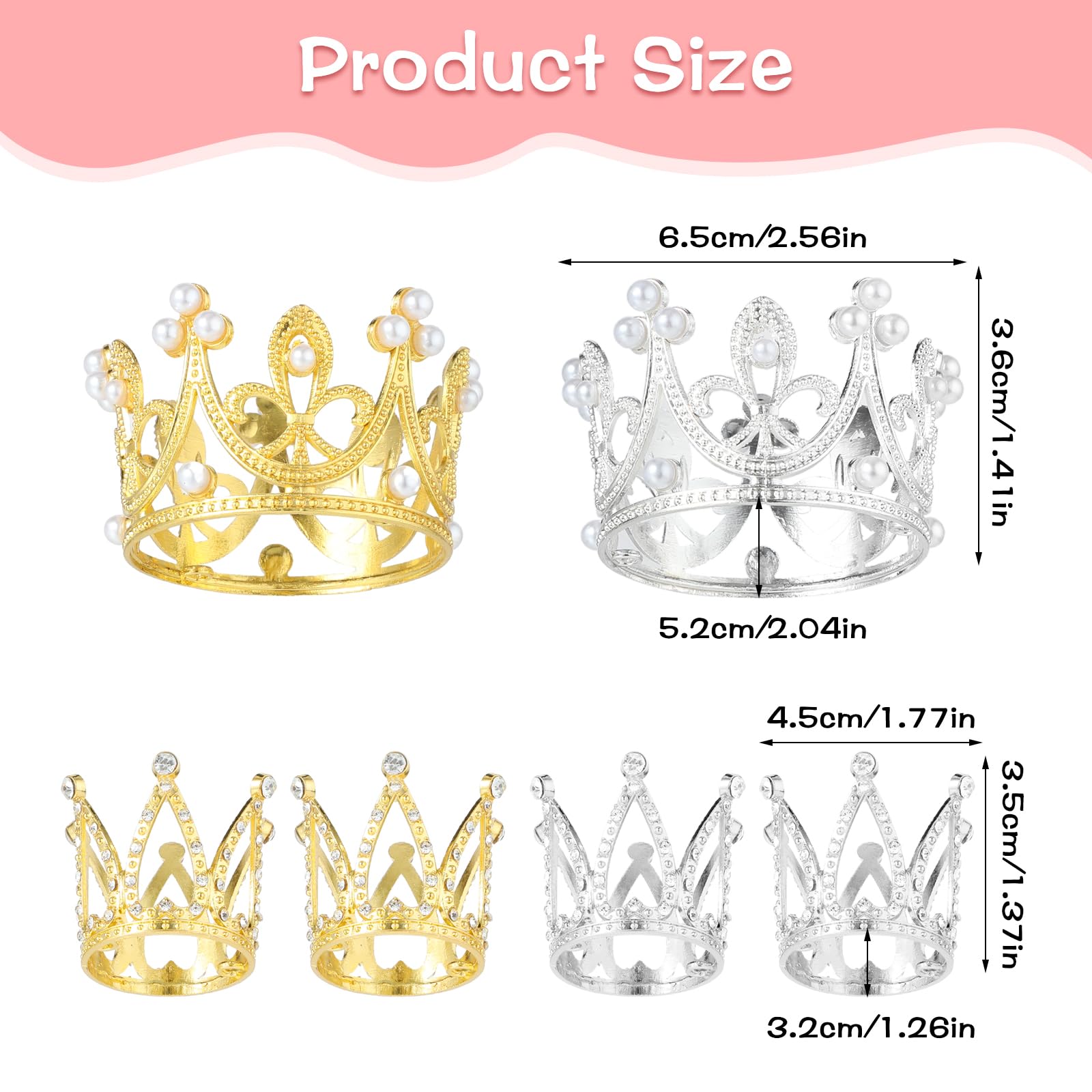 6pcs Mini Crown Cake Topper With Rhinestone Gold Crowns for Flower Bouquets 2 Size Crowns for Flower Bouquets for Women Lady Girl Birthday Bridal Wedding Silver Mini Crowns，Crown Cupcake Toppers