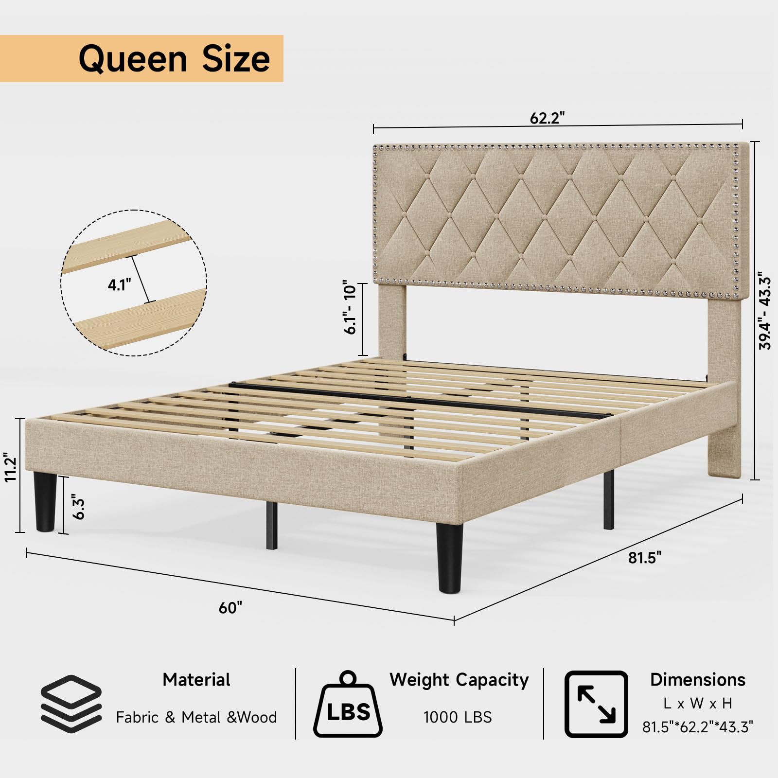 ONBRILL Queen Size Platform Bed Frame with Upholstered Headboard, Bed Frame with Button Tufted Adjustable Headboard, Bed Frame with Strong Wooden Slat, No Box Spring Needed, Noiseless, Beige