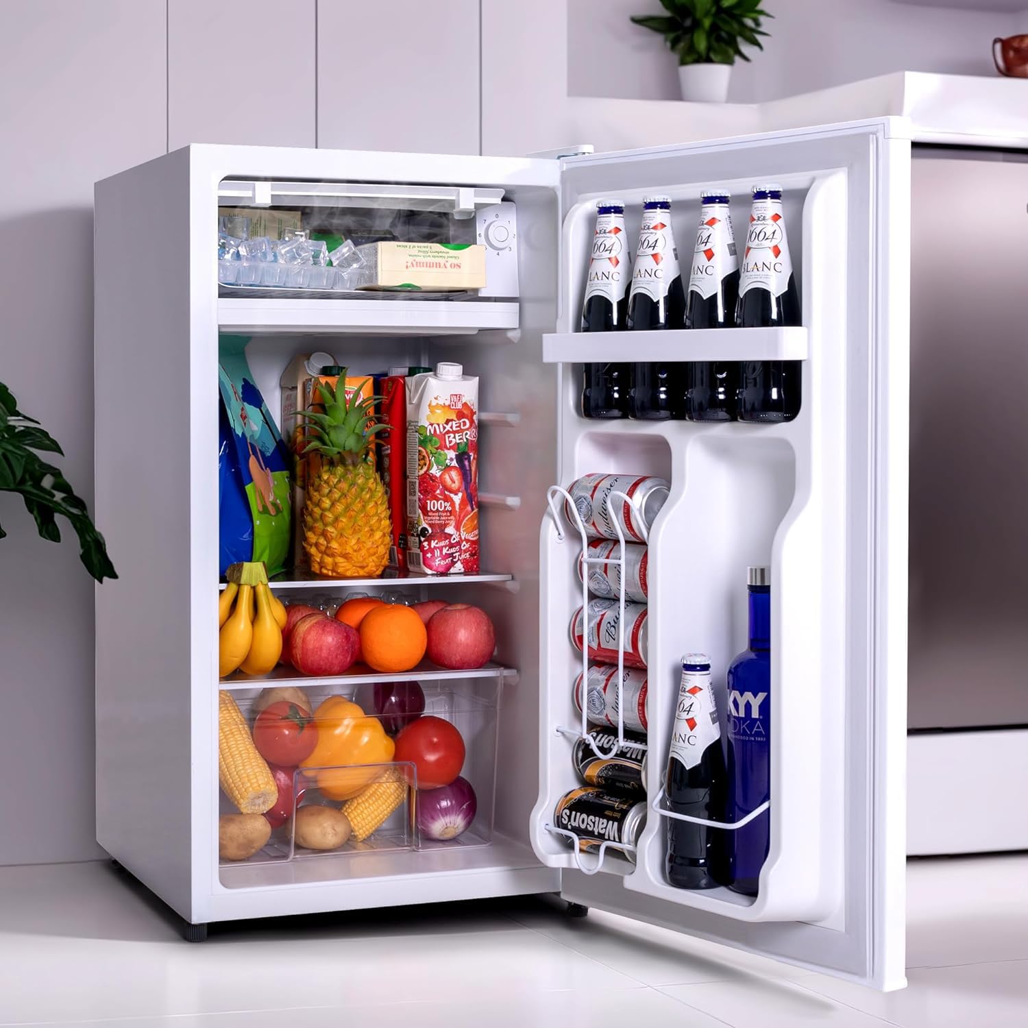 Small Refrigerator with Freezer, 𝟯.𝟮 Cu.Ft, Mini Fridge with Freezer, 7 Settings Temperature Adjustable, Single Door, Compact Refrigerator for Bedroom, Office, Dorm, White