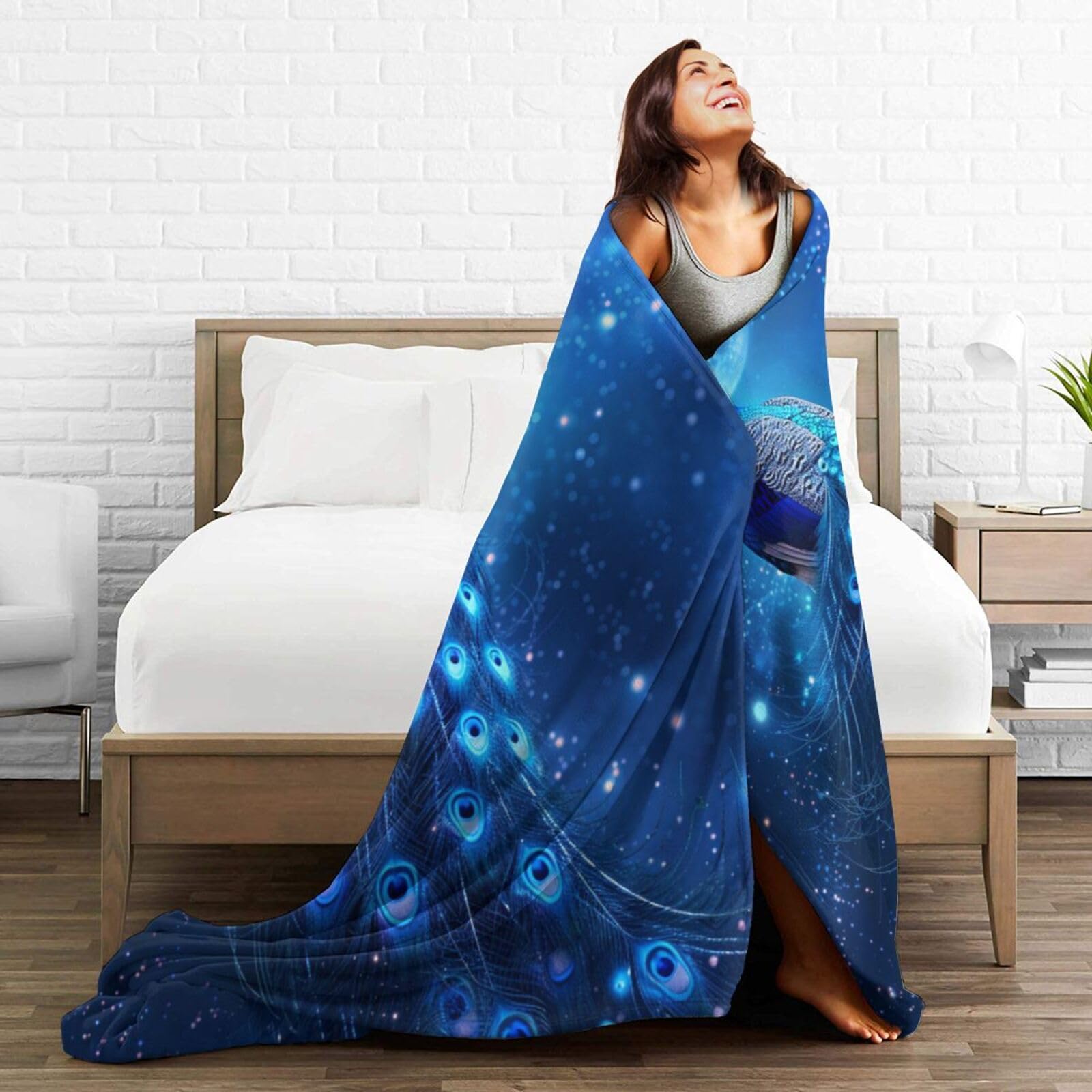 Blue Peacock Blanket for Woman Peacock Moon Throw Blanket Peacock Decor Stuff Merch Cozy Flannel Fleece Fuzzy Plush Warm Soft Lightweight Bedding Peacock Gifts for Girls Boys Couch Sofa Bed 60"X50"