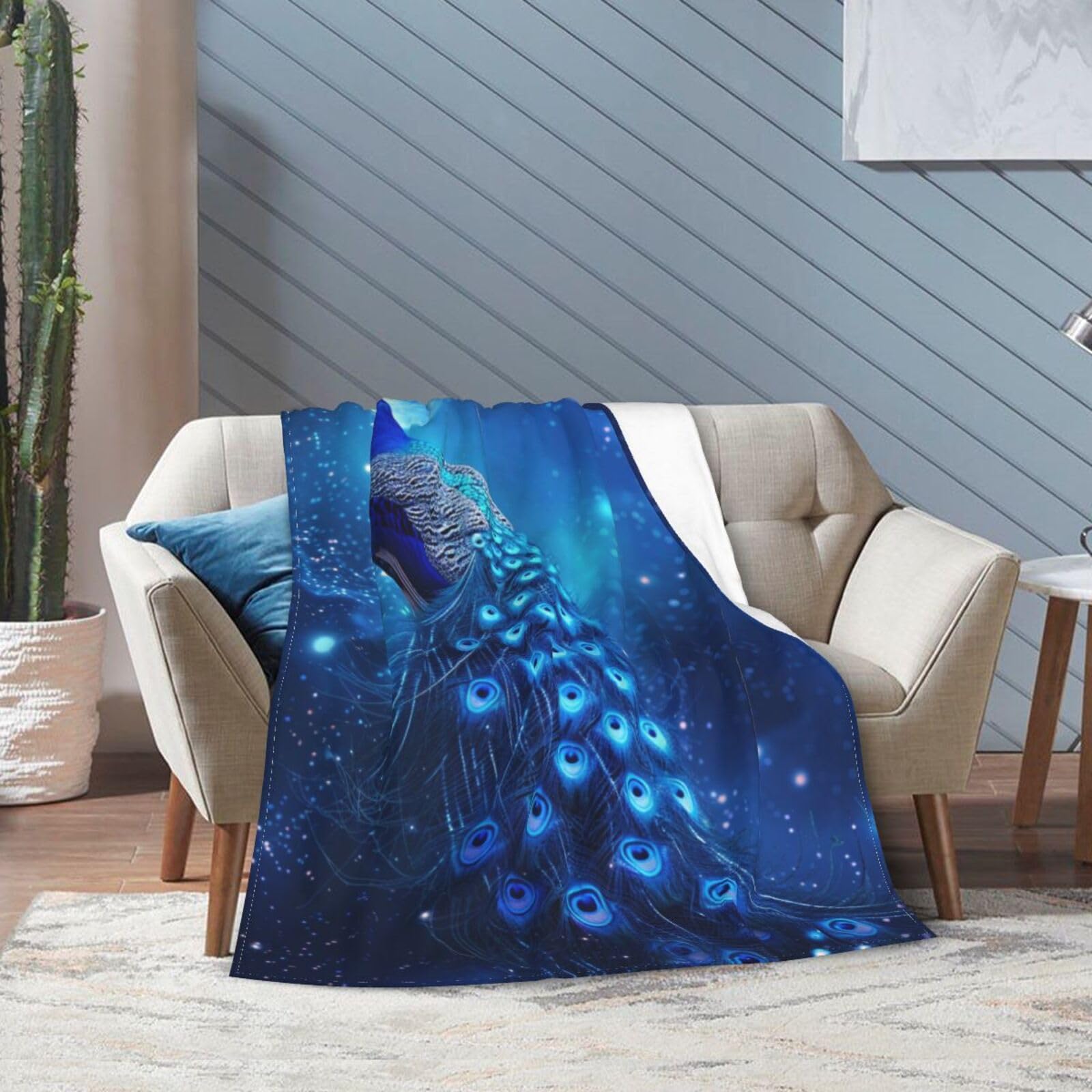 Blue Peacock Blanket for Woman Peacock Moon Throw Blanket Peacock Decor Stuff Merch Cozy Flannel Fleece Fuzzy Plush Warm Soft Lightweight Bedding Peacock Gifts for Girls Boys Couch Sofa Bed 60"X50"