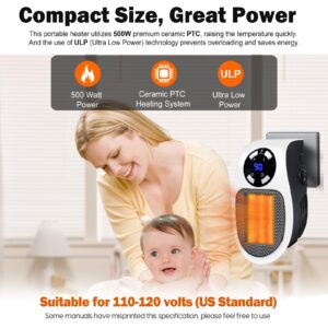 Plug in Heaters for Indoor Use - Upgraded 500W Space Heaters, Quiet Portable Heater with Thermal Protection, Small Electric Heater for Office with LED & Timer, Safe Mini Heater for Bedroom, Bathroom