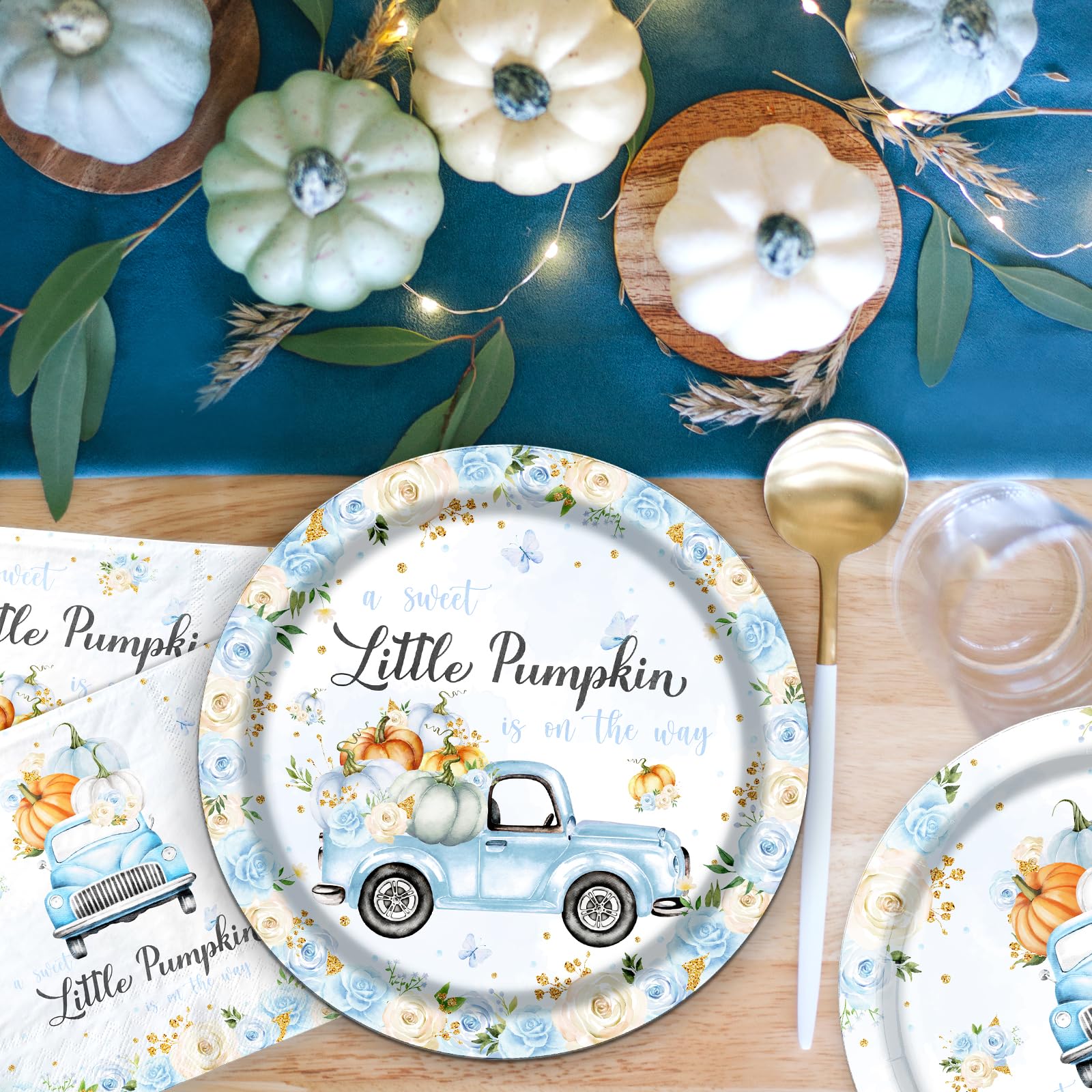 Little Pumpkin Paper Plates and Napkin Pumpkin Baby Shower Party Decorations for Boy A Little Sweet Pumpkin is On The Way Blue Floral Truck Disposable Tableware Party Supplies Favor for 25 Guests