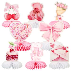 giiezqia 8 pcs coquette pink bow party honeycomb centerpieces decorations cherry cake ballet heart cutouts table toppers for girls birthday baby shower bridal bachelorette engagement wedding decor