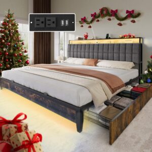 yitahome queen size bed frame with rgb led lights and 4 drawers, upholstered platform bed with charging station and storage headboard, no box spring needed, noise-free, fast assembly, rustic brown