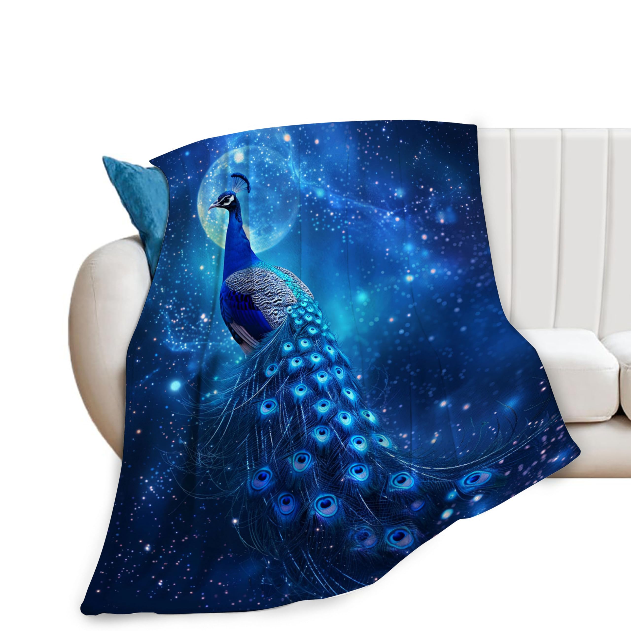 Blue Peacock Blanket for Woman Peacock Moon Throw Blanket Peacock Decor Stuff Merch Cozy Flannel Fleece Fuzzy Plush Warm Soft Lightweight Bedding Peacock Gifts for Girls Boys Couch Sofa Bed 60"X50"