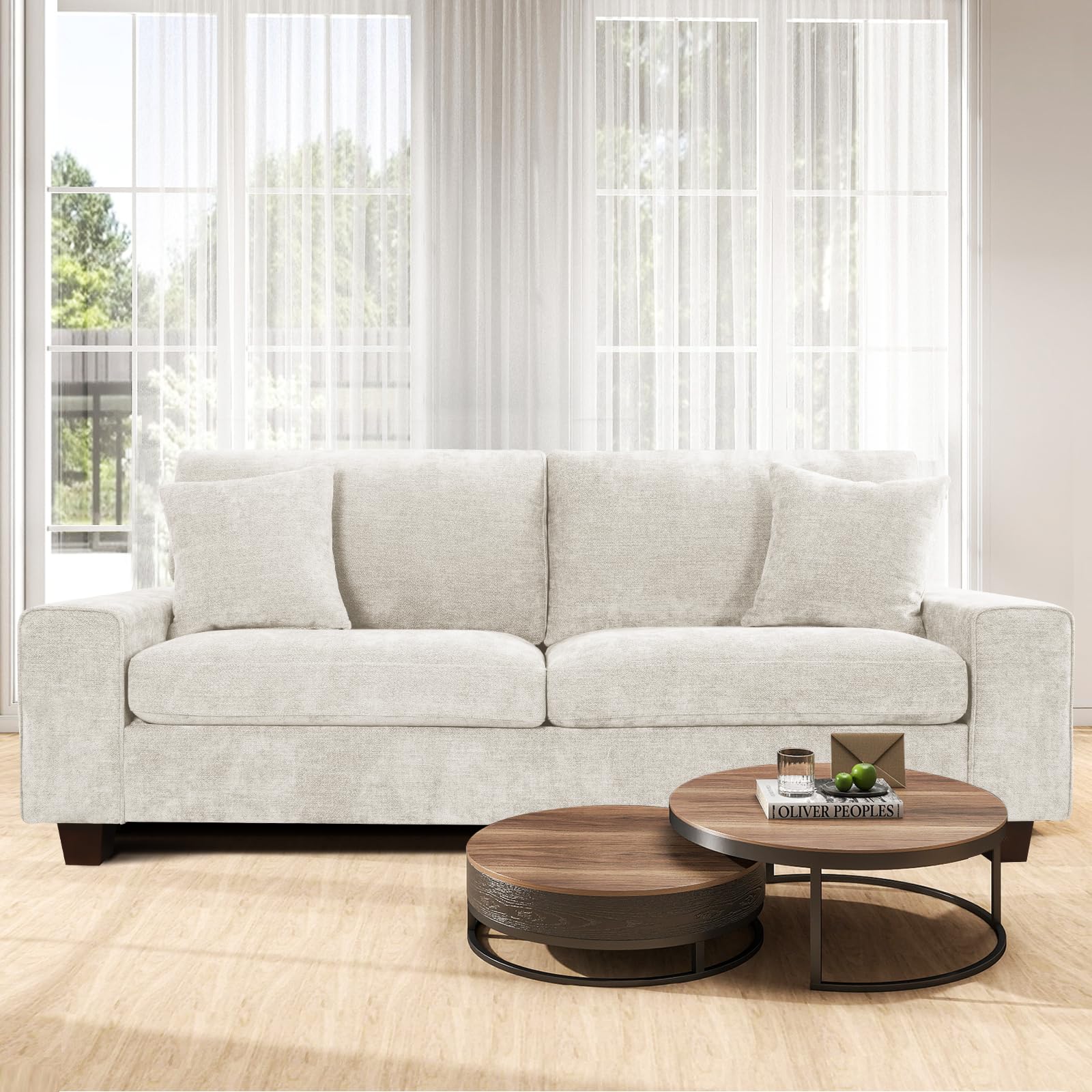 Czpalo 71.25" Chenille Sofa Couches for Living Room, 2 Seater Sofa with 2 Pillows, Small Modern Loveseat Couch for Small Spaces, Office (Beige, 71.25 inches)