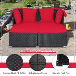 LDAILY Moccha Outdoor Daybed with Retractable Canopy, Wicker Cabana with 2 Side Tables & Soft Cushions,Hand-Woven PE Rattan Bed Lounger, Patio Sectional Furniture Set for Garden Backyard Porch (Red)