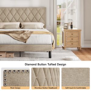 ONBRILL Queen Size Platform Bed Frame with Upholstered Headboard, Bed Frame with Button Tufted Adjustable Headboard, Bed Frame with Strong Wooden Slat, No Box Spring Needed, Noiseless, Beige