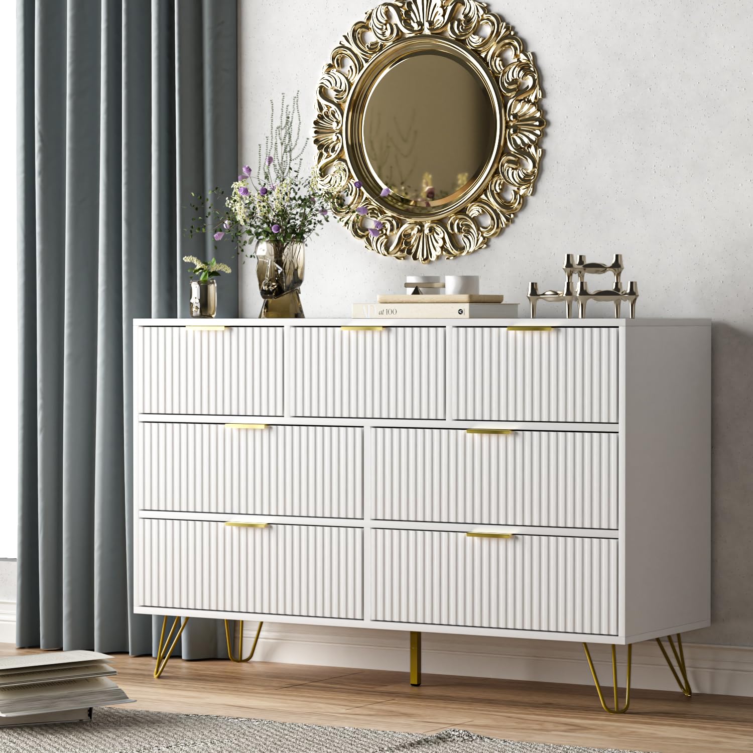 FURNIWAY Dresser for Bedroom, Modern 6-Drawer Dresser with Gold Handles, Wide Chest of Drawers for Living Room, White (White, 7 Drawer)