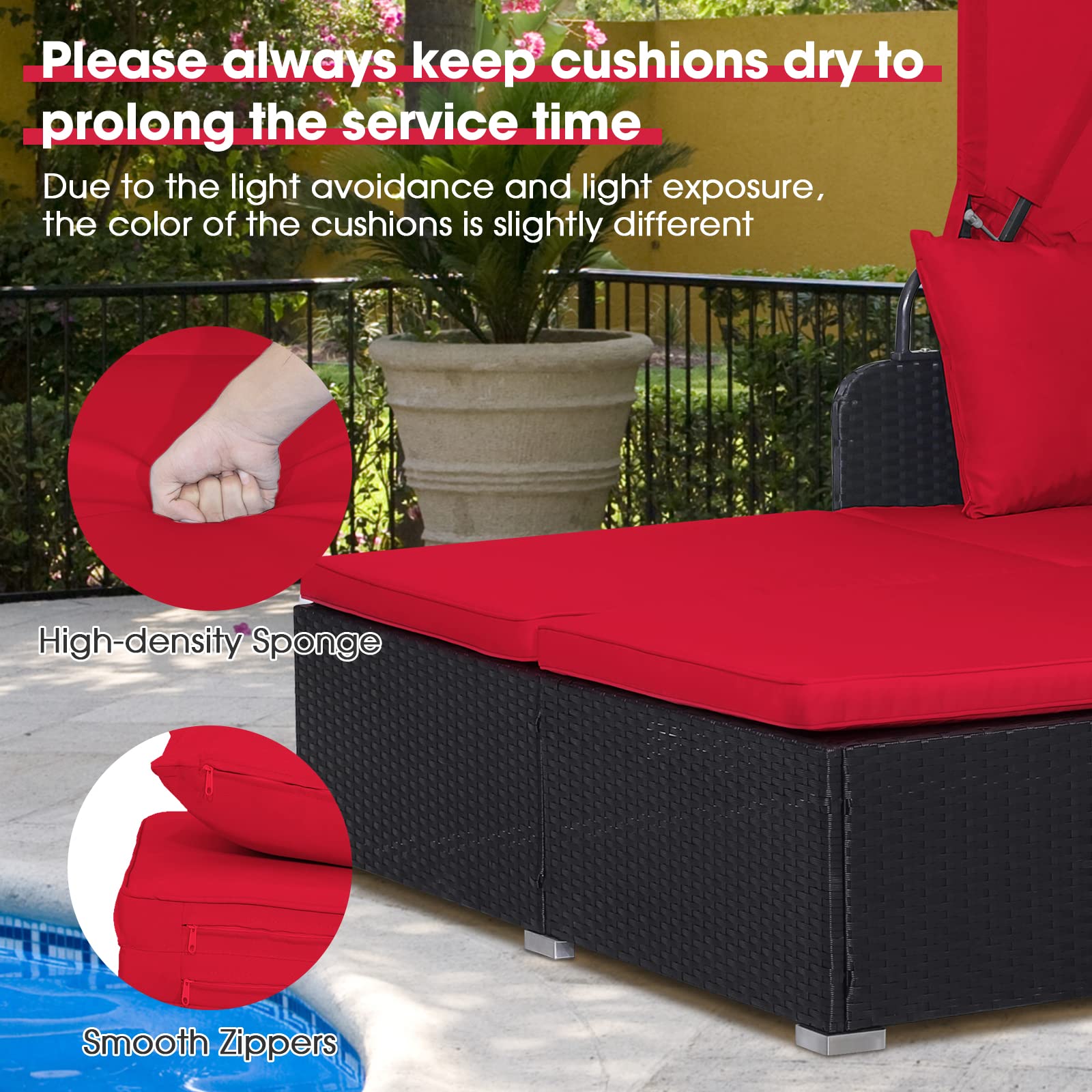 LDAILY Moccha Outdoor Daybed with Retractable Canopy, Wicker Cabana with 2 Side Tables & Soft Cushions,Hand-Woven PE Rattan Bed Lounger, Patio Sectional Furniture Set for Garden Backyard Porch (Red)