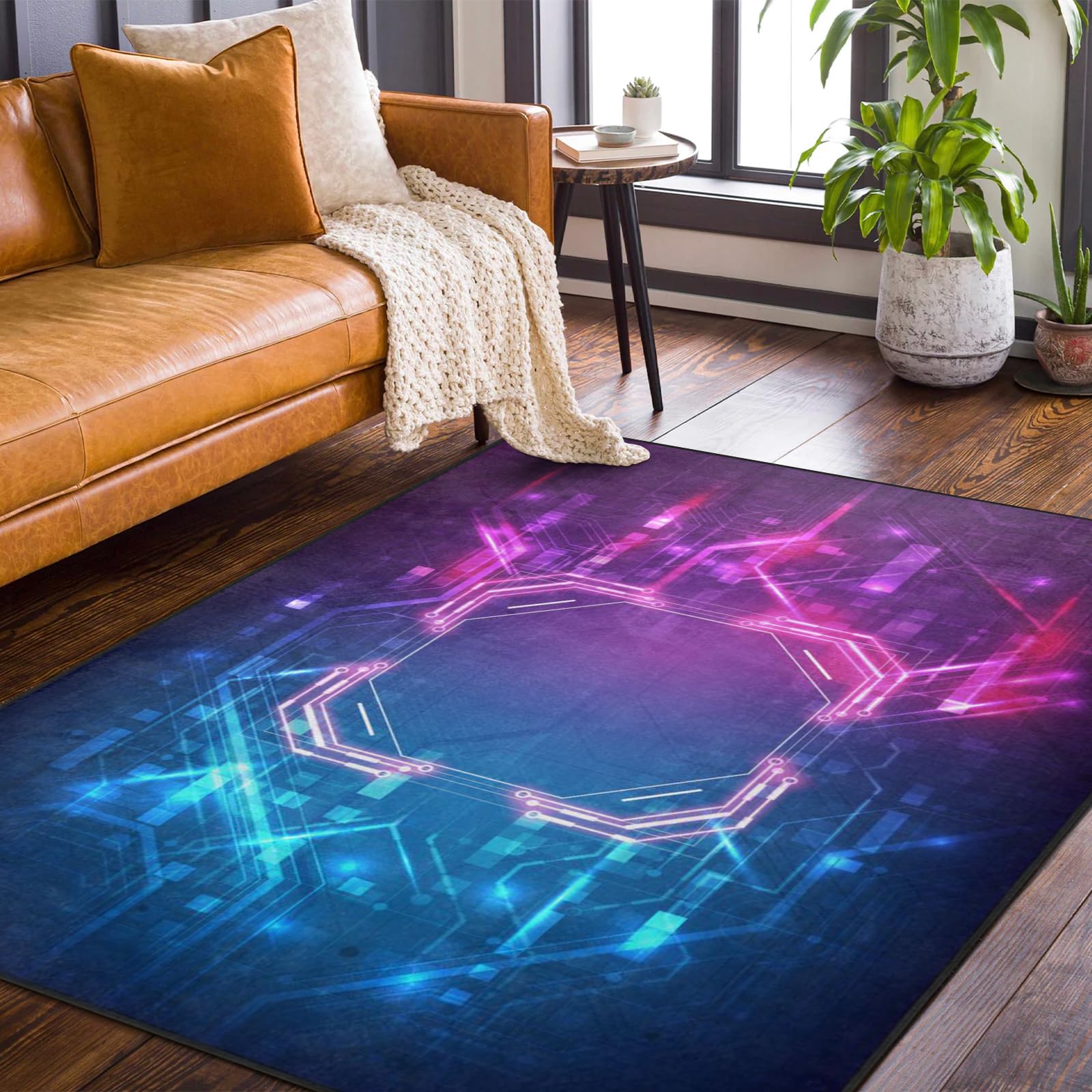 Amorettise Abstract Circuit Board Area Rug for Playroom 5' X 7' Gamer Rug for Boy Cool Player Room Decor, Hi-Tech Digital Gaming Carpets for Child Play Bedroom Dorm(Blue-Purple Neon)