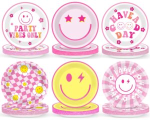 48pcs preppy party supplies 7inch pink smile face paper plates preppy smile face party tableware set pink preppy plates for baby shower birthday y2k party decorations