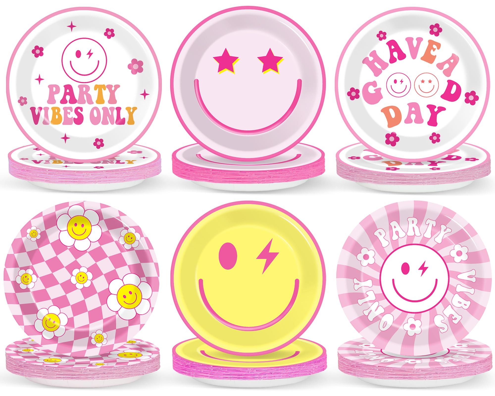 48PCS Preppy Party Supplies 7inch Pink Smile Face Paper Plates Preppy Smile Face Party Tableware Set Pink Preppy Plates for Baby Shower Birthday Y2k Party Decorations