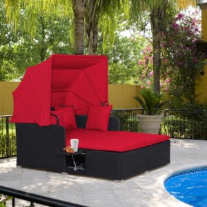 LDAILY Moccha Outdoor Daybed with Retractable Canopy, Wicker Cabana with 2 Side Tables & Soft Cushions,Hand-Woven PE Rattan Bed Lounger, Patio Sectional Furniture Set for Garden Backyard Porch (Red)