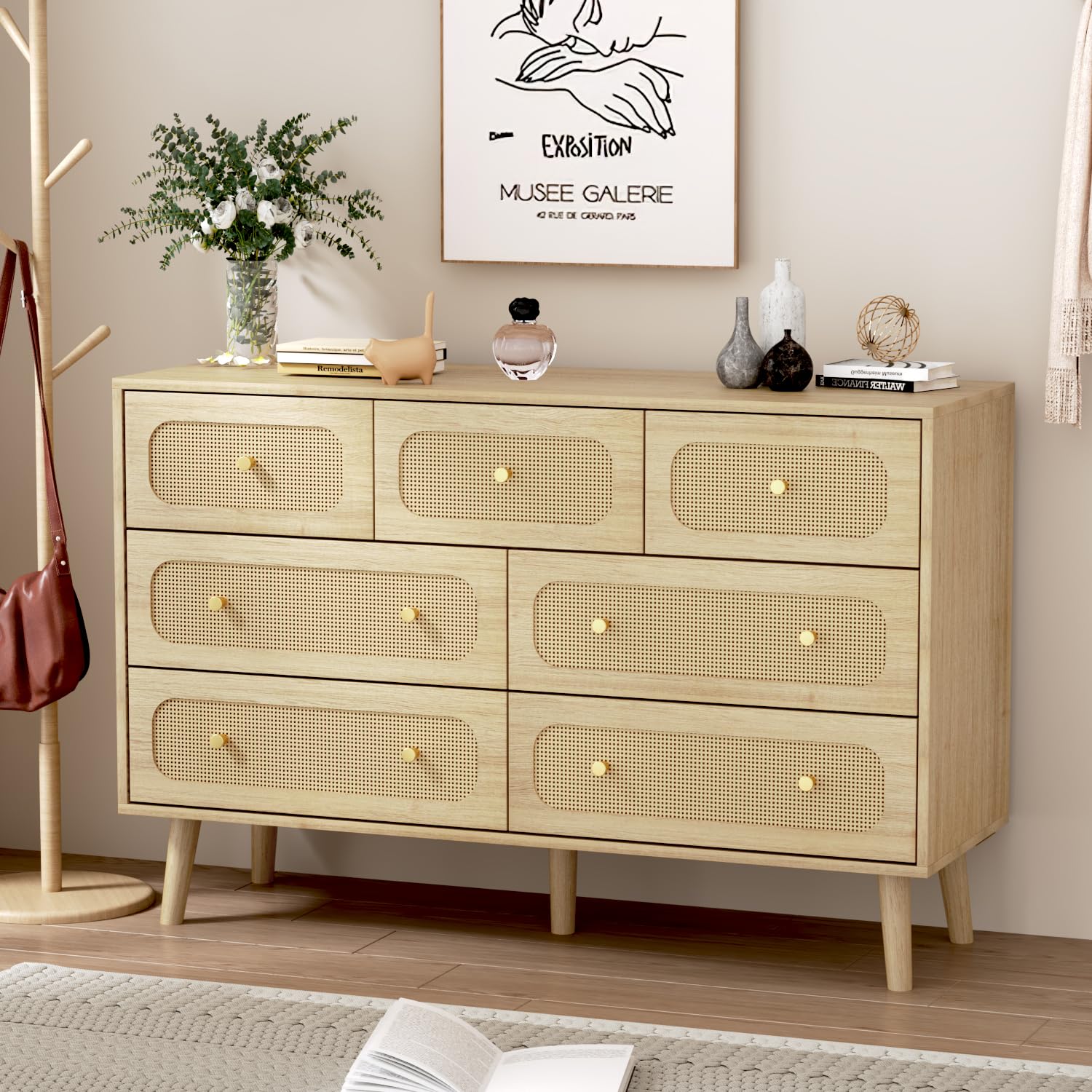 HOUROM Natural Rattan Dresser for Bedroom, Boho Wood Durable Dressers & chests of Drawers with Gold Handles, Modern Wood 7 Drawer Dresser for Bedroom