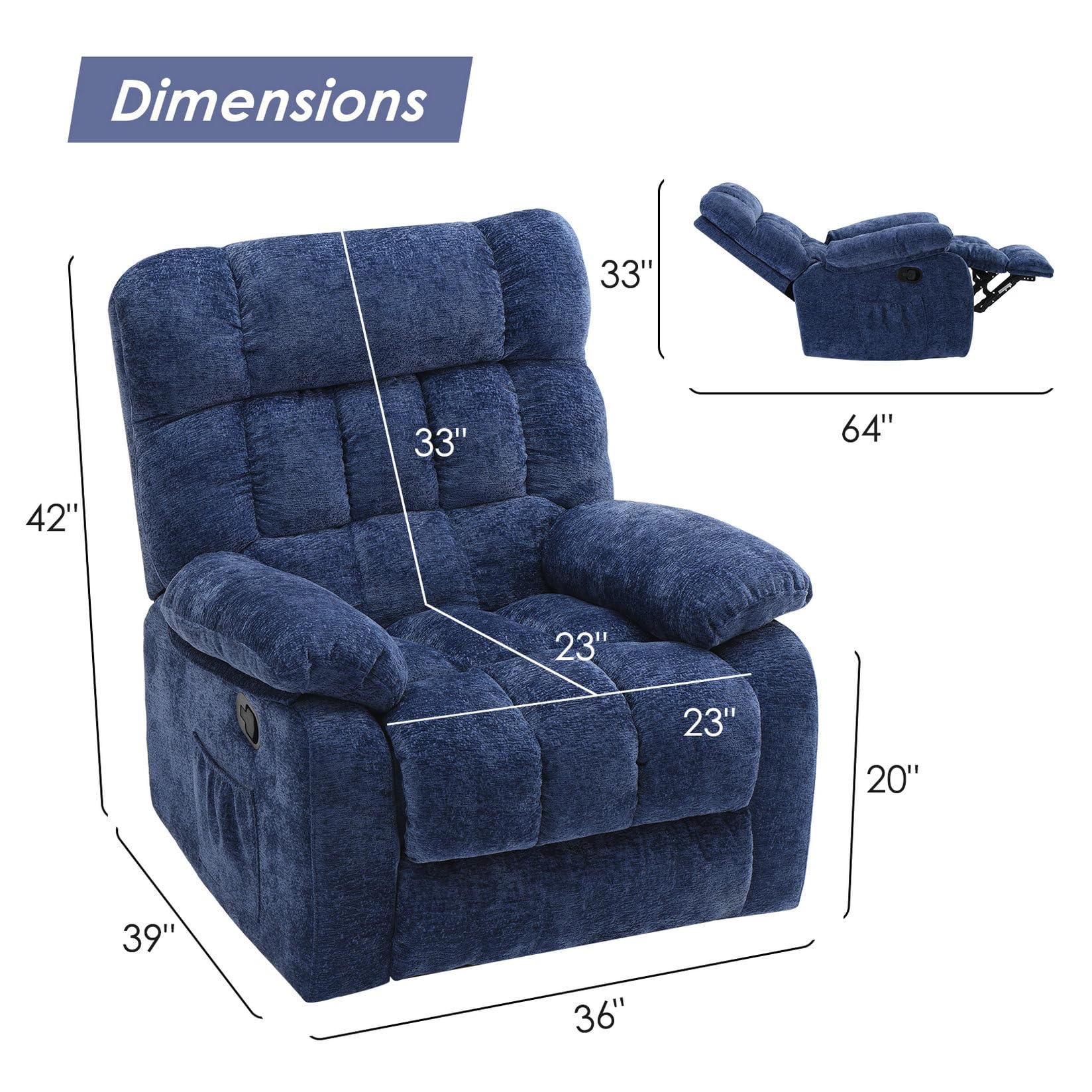 Soohow Recliner Chair, Upholstered Ergonomic Reclining Chair with Side Pocket, 110°-160° Adjustable Recliner Chairs for Adults, Single Sofa Chair with Footrest, Chenille Recliner Sofa for Living Room