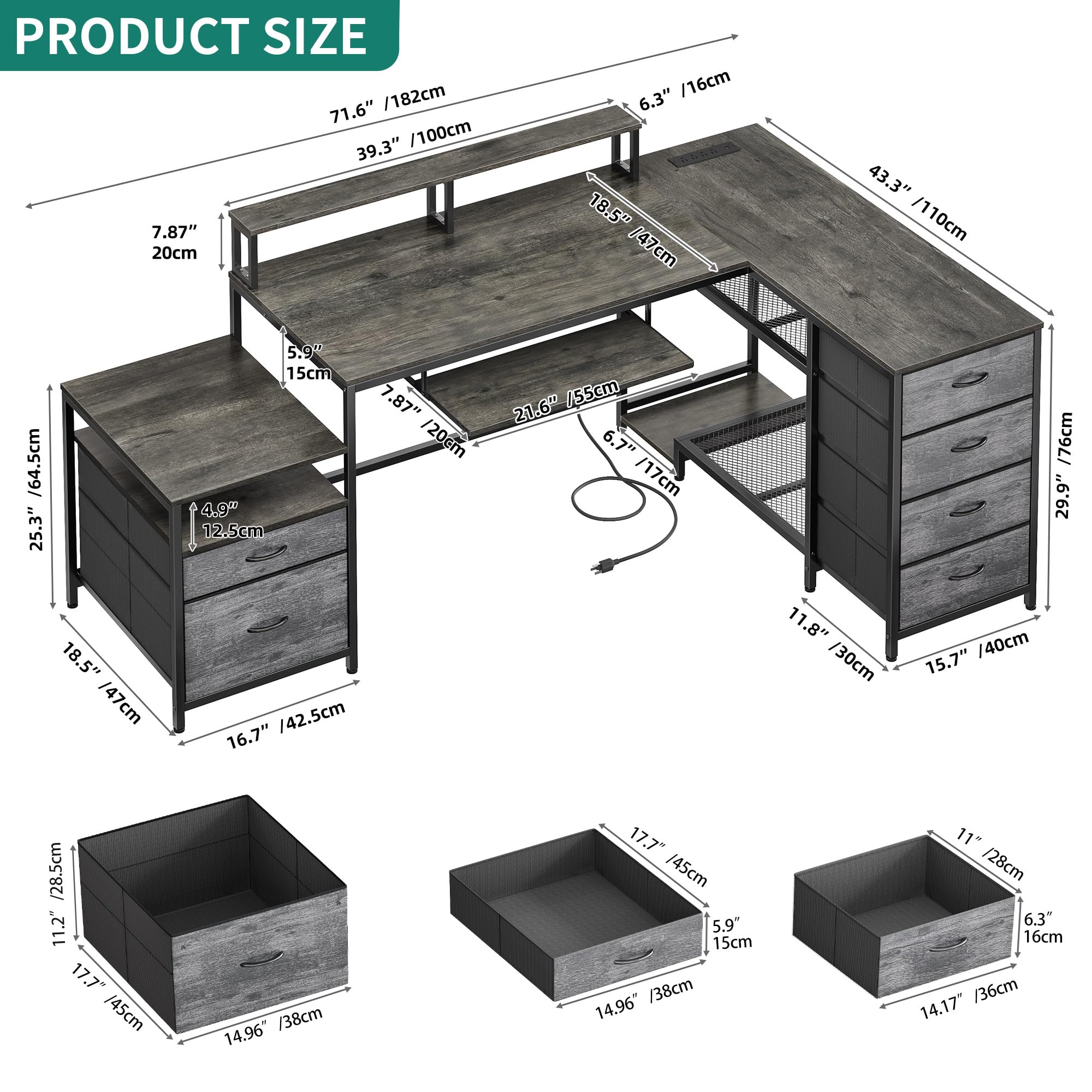 YITAHOME L Shaped Desk with Drawers, 71" L Shaped Computer Desk with Power Outlet & LED Lights, Corner Office Desk with Storage Shelves & Printer Stand, Gaming Desk with Monitor Shelf, Grey