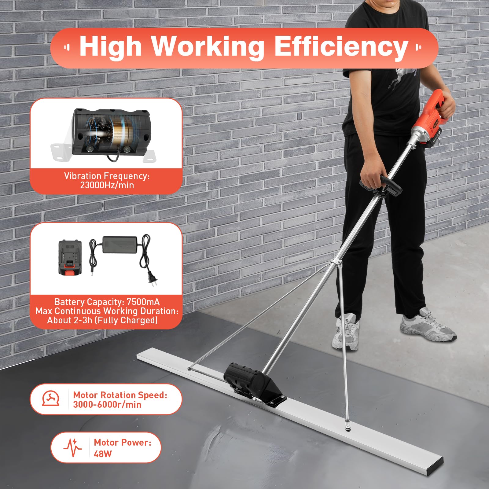 Cordless Concrete Wet Screed, 21V Cordless Concrete Vibrators, Power Trowel Vibratory Screed Concrete Surface Smooth Finish Machine w/ 59" Screed Blade Ruler