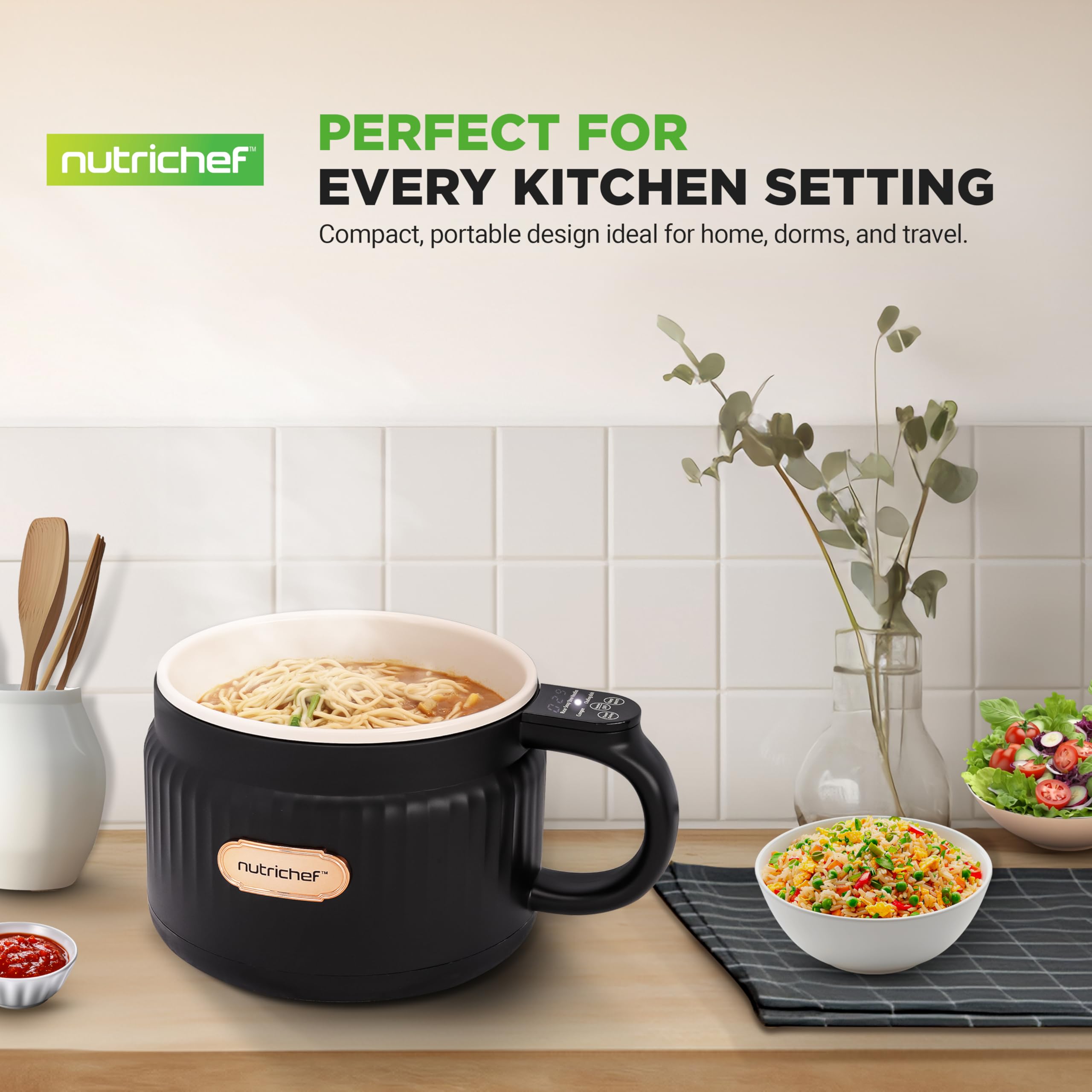 NutriChef 1.6 QT Portable Electric Rice Cooker & Lunch Maker | Multi-Functional & Non-Stick Ceramic Coating | Digital Control Panel | 6 Cook Functions: Rice, Soup, Stew, Porridge & More | Black