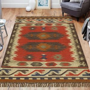 RamVicraft 6x9 Kilim Wool Jute Rug, Natural Handmade Area Rug for Bedroom, Living Room, Dining Room, Hallway, Office, Kitchen, Entryway Carpet for Decorative Use (D-1)