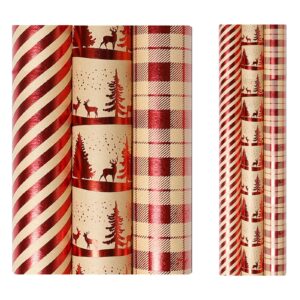 win change christmas wrapping paper rolls, kraft christmas gift wrapping paper set vintage wrapping paper for boys men women girls 17 inch x 10 ft x 3 roll(christmas tree deer 42 sq.ft.ttl)