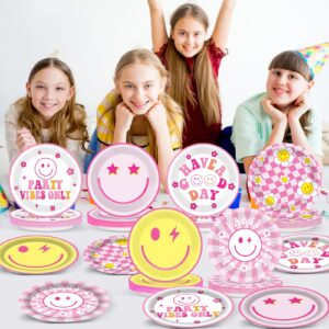 48PCS Preppy Party Supplies 7inch Pink Smile Face Paper Plates Preppy Smile Face Party Tableware Set Pink Preppy Plates for Baby Shower Birthday Y2k Party Decorations