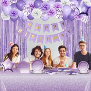 147Pcs Ombre Purple Party Decors Gradient Pastel Purple Plates Tableware Set Party Supplies Light Purple Balloons Banner Tinsel Foil Fringe Curtains Kit for Girls Women Birthday Wedding Party Favor