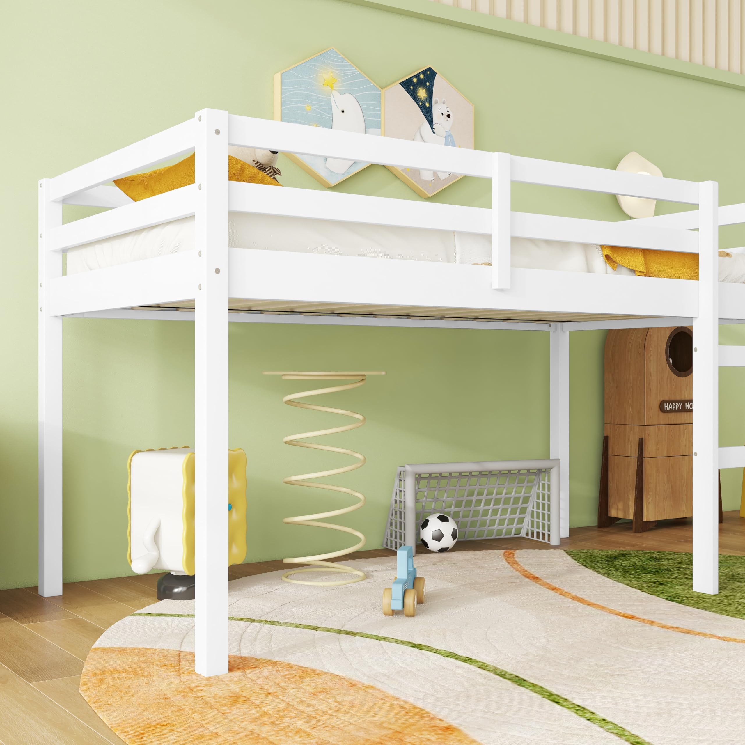 ANDORON Low Loft Bed Twin Size, Kids Solid Wood Modern Loft Bed Frame with Ladder and Safety Guardrail for Girls Boys, Noise-Free, Non-Toxic Finishes, Space-Saving, No Box Spring Needed (White, Twin)