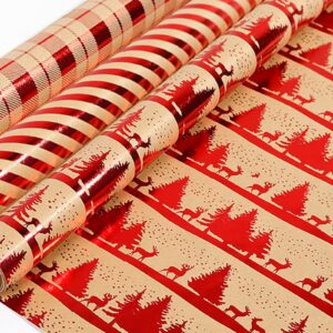 Win Change Christmas Wrapping Paper Rolls, Kraft Christmas Gift Wrapping Paper Set Vintage Wrapping Paper for Boys Men Women Girls 17 Inch X 10 Ft X 3 Roll(Christmas tree deer 42 Sq.Ft.Ttl)