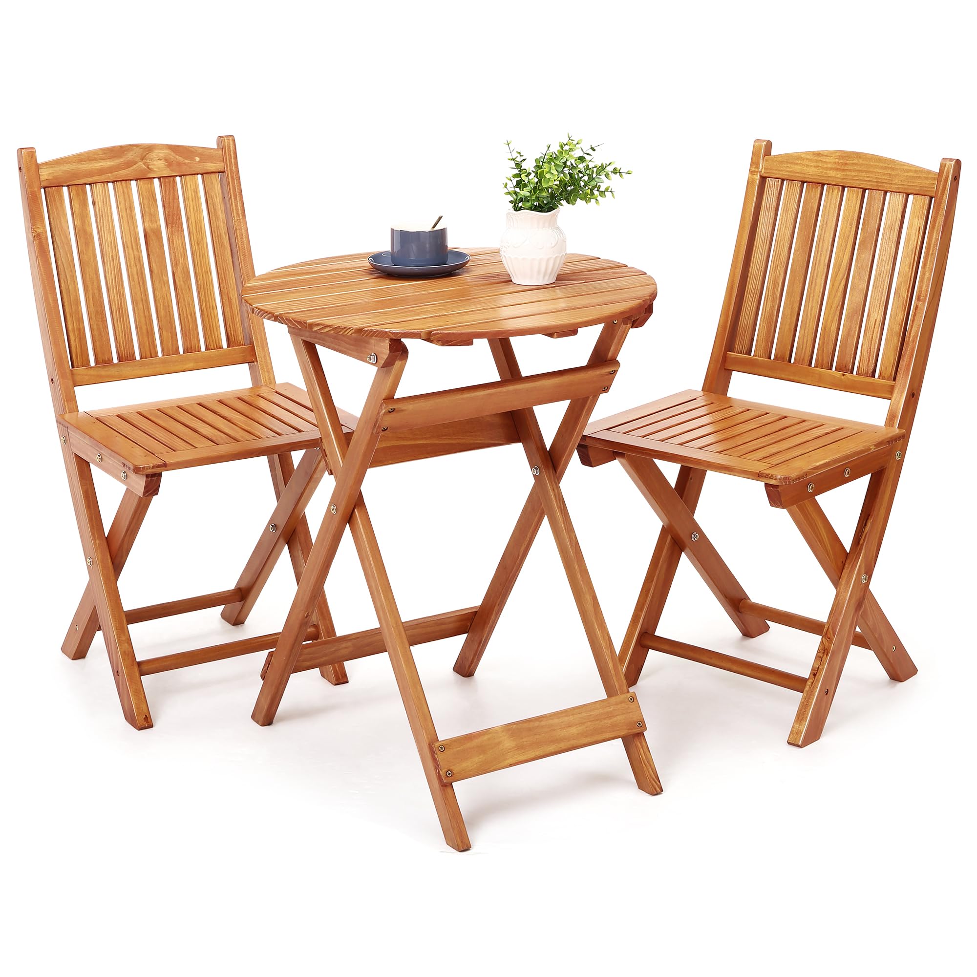 TROPOW Foldable Patio Furniture Set, Outdoor Bistro Set for 2, Wooden Table and Chairs Set, Bistro Patio Set for Poolside, Beach, Backyard, Balcony, Deck