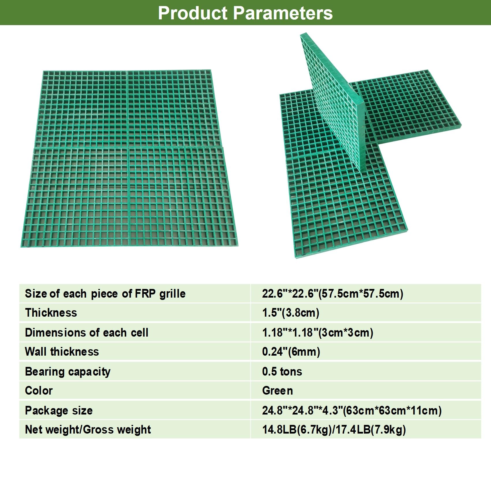 Banfluxion 22.6"x22.6" Fiberglass Floor Grating FRP Grating 0.5 tons Bearing Capacity Green 1.5" Thickness