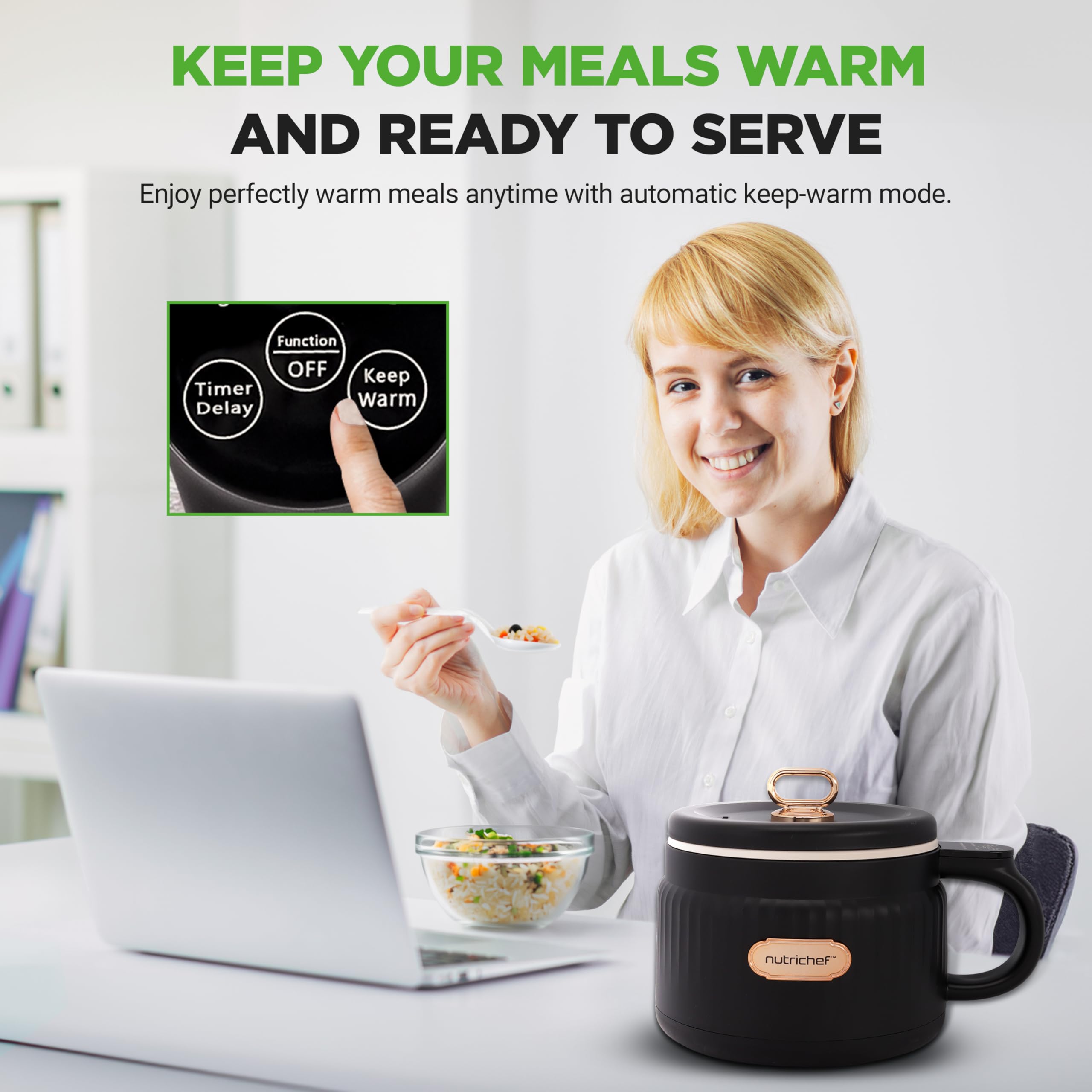 NutriChef 1.6 QT Portable Electric Rice Cooker & Lunch Maker | Multi-Functional & Non-Stick Ceramic Coating | Digital Control Panel | 6 Cook Functions: Rice, Soup, Stew, Porridge & More | Black