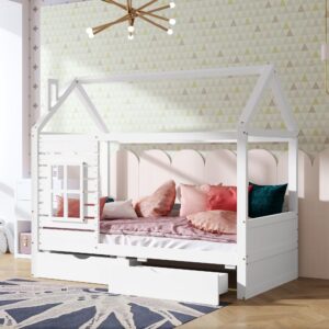 aoowow twin size kids house bed with 2 drawers, wooden platform twin bed frame with window and roof for bedroom, modern twin size kid playhouse bed with slats for boys girls, can be decorated, white